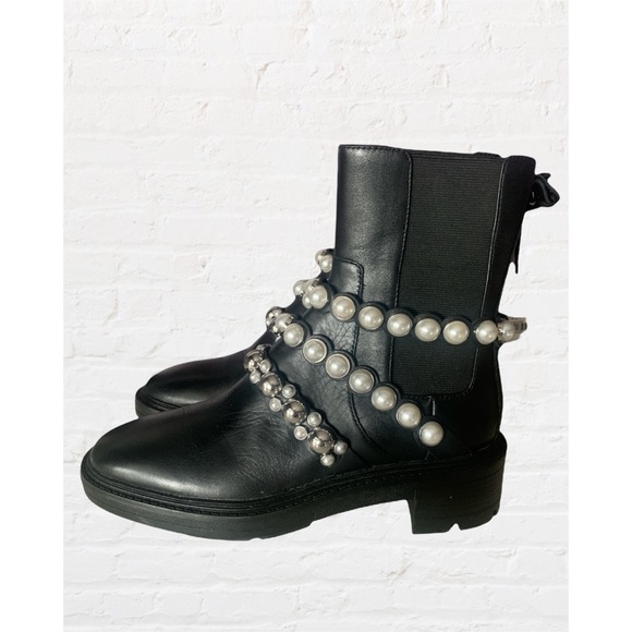 NWT Zara Combat Leather Chunky Chelsea Pearl Black Bikercore Boots - Picture 3 of 8